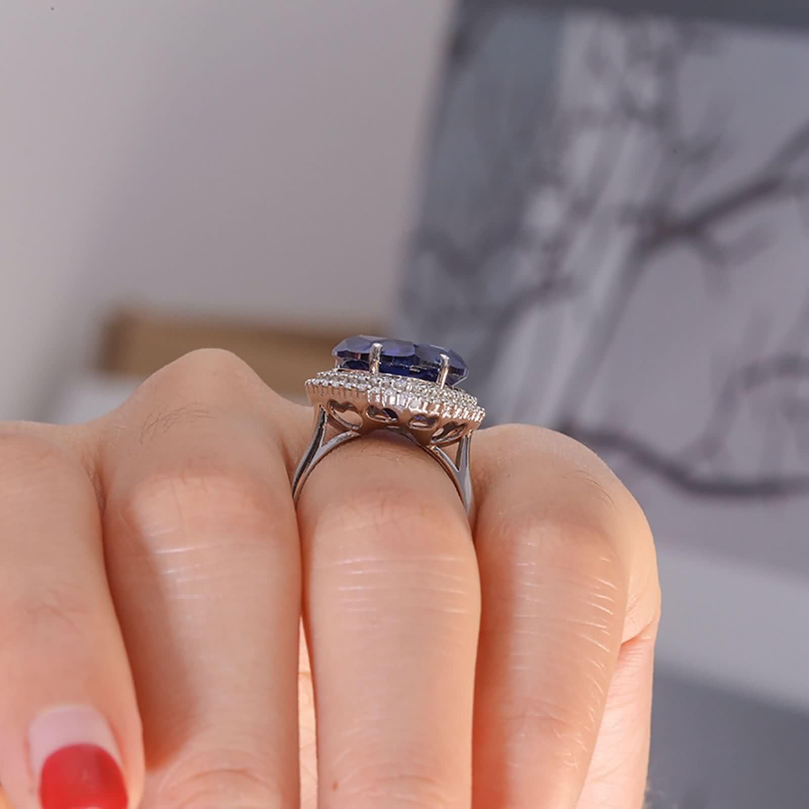 Anello per gioielli in oro bianco 14 carati 585, anello per l'eternità, fedi nuziali in laboratorio, con zaffiro 4 carati, cuore blu, oro 14 carati, con moissanite da donna, misura 61, Oro