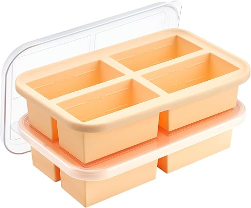 Super Ice Cube Tray 1 taza x 4 porciones, molde grande de silicona para congelar con tapa, para sopa y comida, recipiente de almacenamiento para