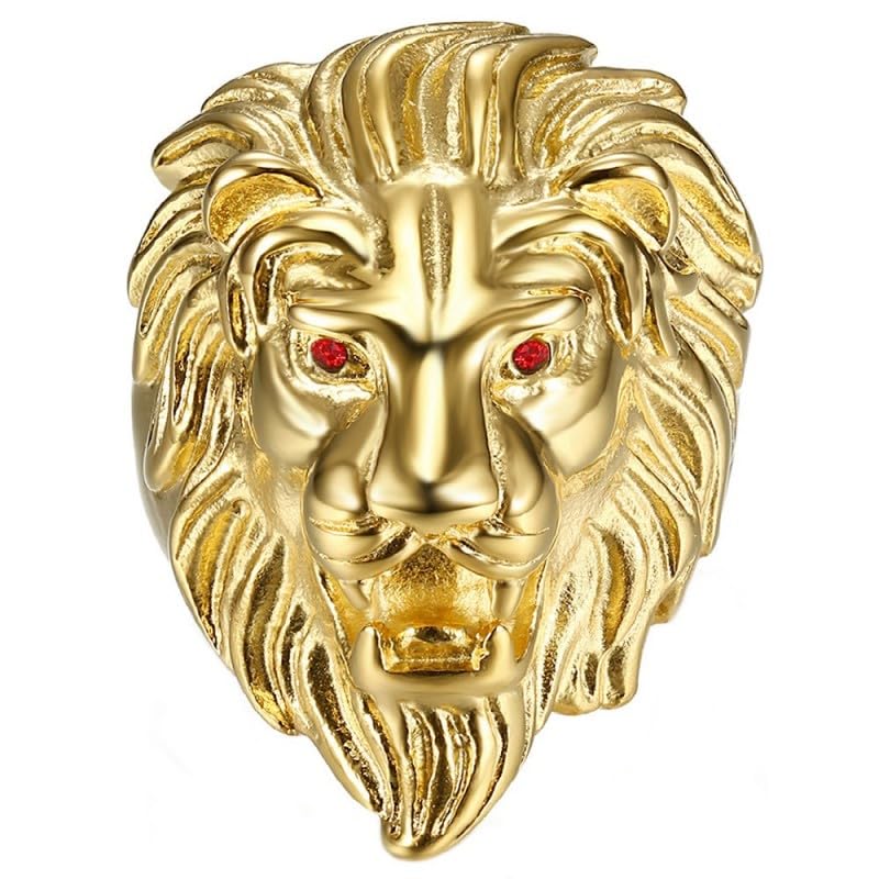 BOBIJOO Jewelry - Bague Tête de Lion Homme Yeux Faux Rubis Rouge Acier Inoxydable Plaqué Doré Or - 68 (12 US)
