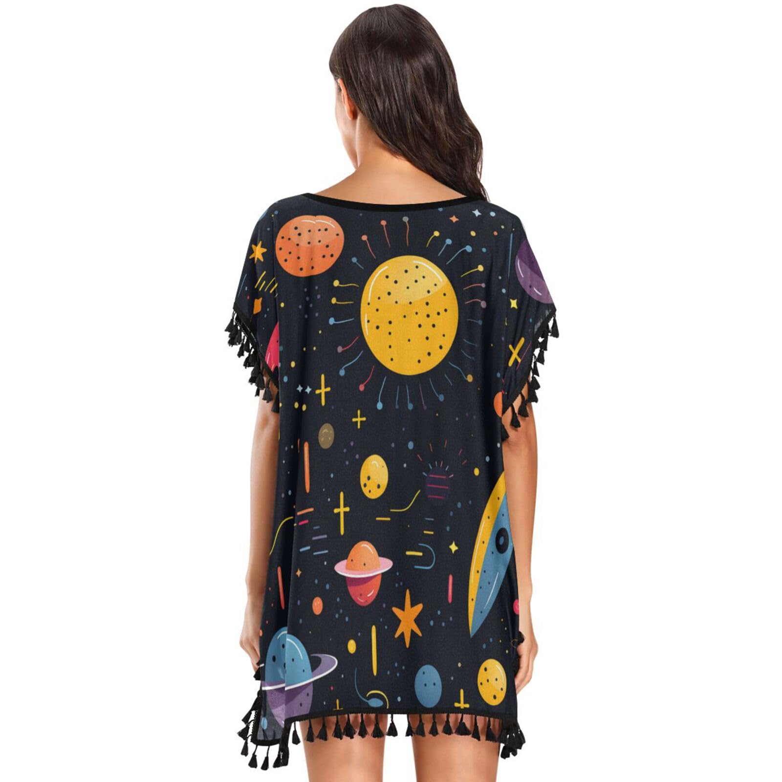 KAAVIYO Cartoon Moon Blue Universe Women's Beach Cover Up Chiffon Tassel Swimwear Swimsuit Coverups for Girl
