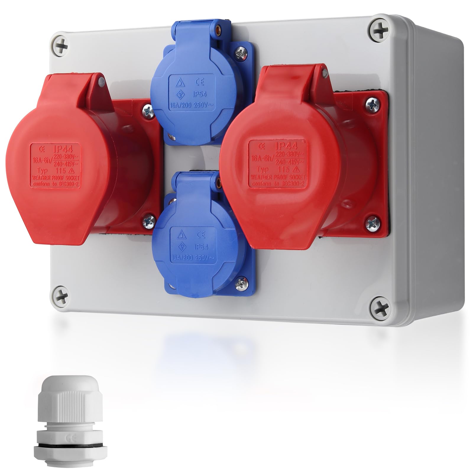 EYPINS Distribuidor de Corriente para Construcción, Distribuidor de Pared 2x 230V Enchufes Schuko+2x Enchufe CEE 16A,IP66/IP54 Impermeable,Carcasa de PC Ignífugo para Talleres Fábricas Autocaravanas