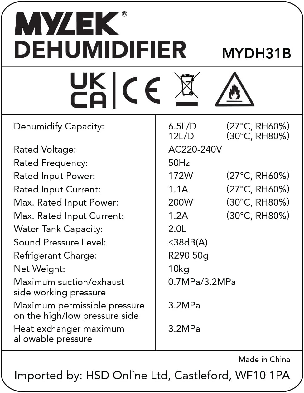 MYLEK Dehumidifier MYDH31B Technical Specifications Label