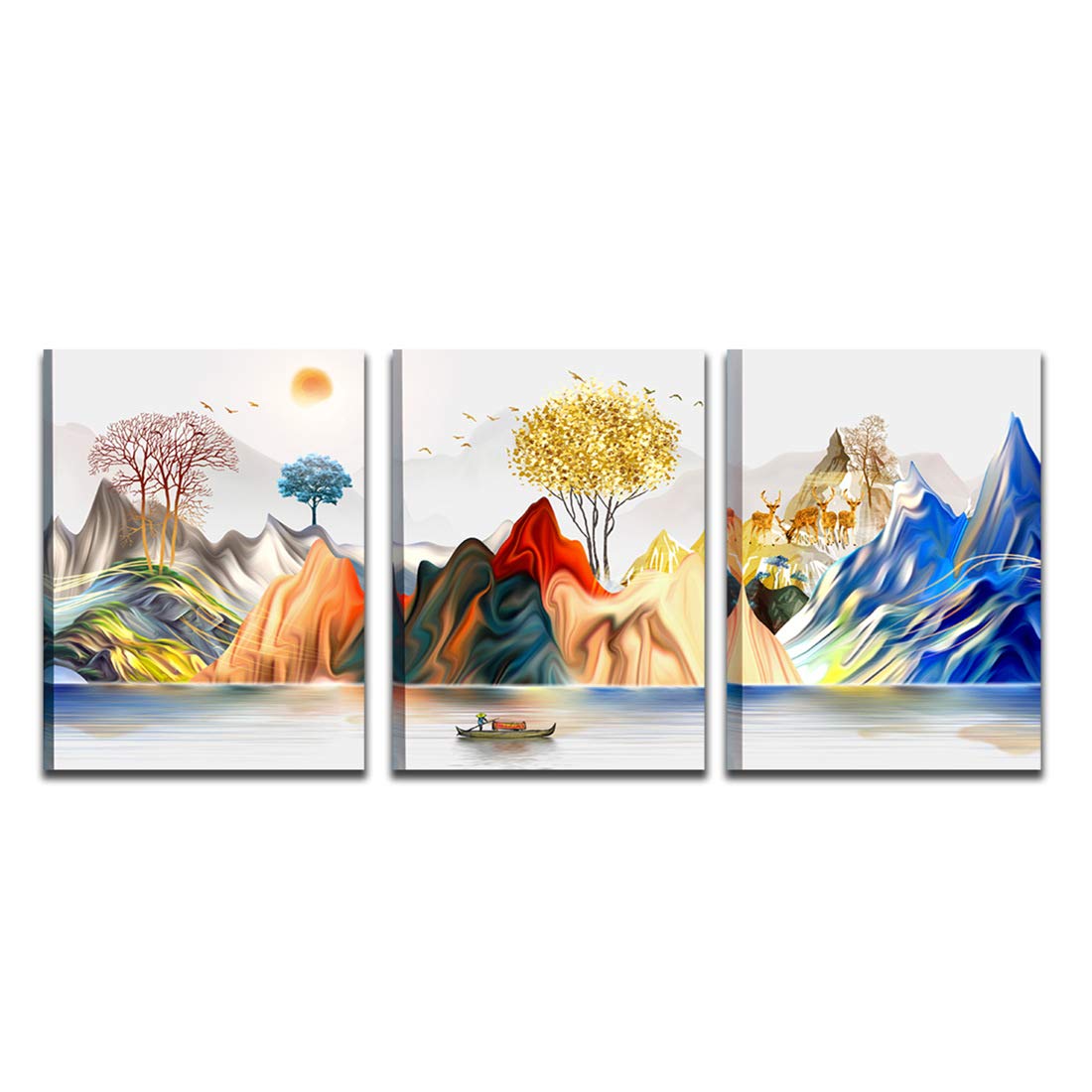 CHWF HAOLIMAI Sunset Panoramic Wall Art Decor Deer Posters Teal Tree Red Mountain Paintings Ocean Canvas Prints, Modern Art Work Framed Ready Hang Home pictures (Yellw)