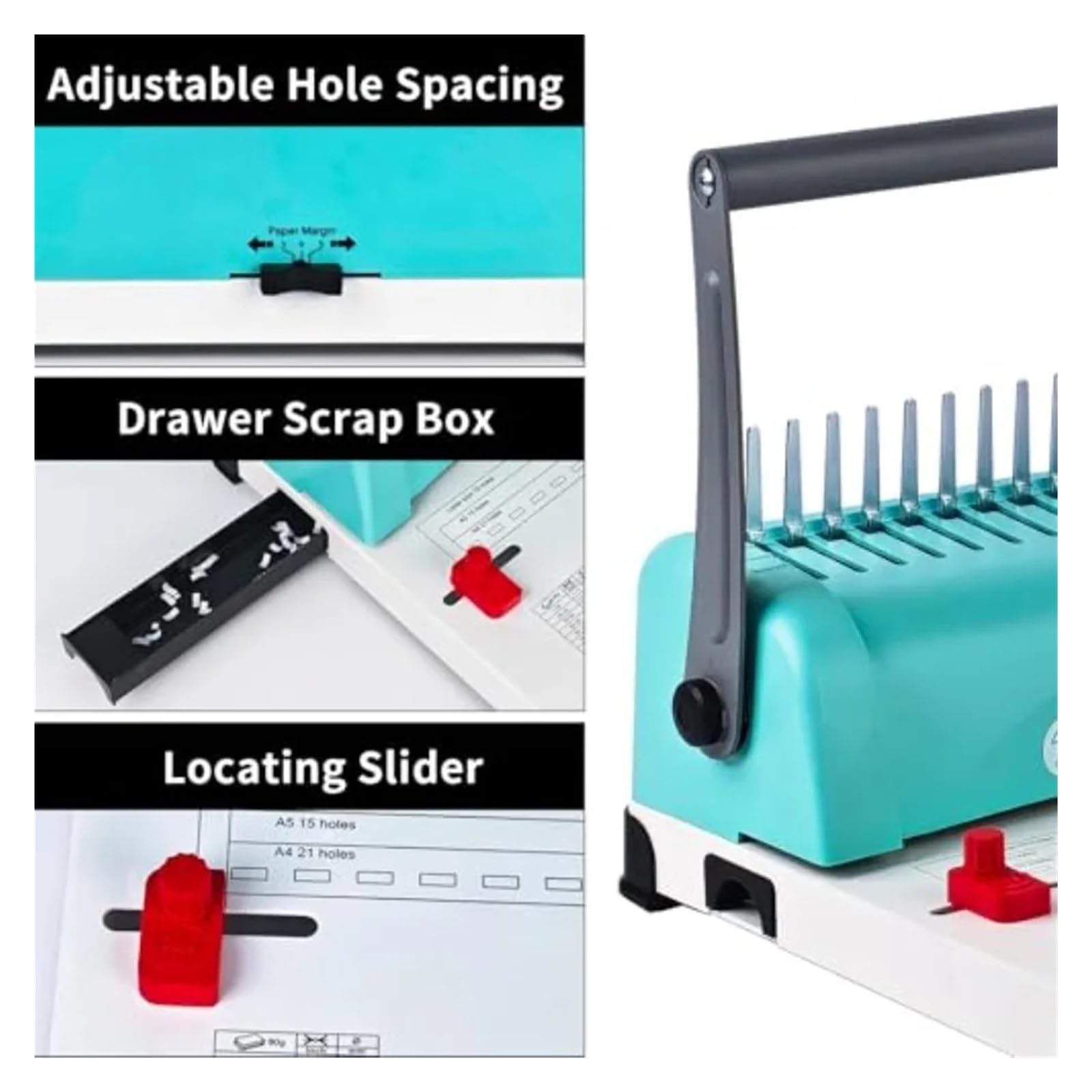 Rilegatrice a pettine 21 fori, capacità 450 fogli, perforatrice fino a 15 fogli, doppi manici for carta formato Letter A5 A4 Progetti scolastici domestici