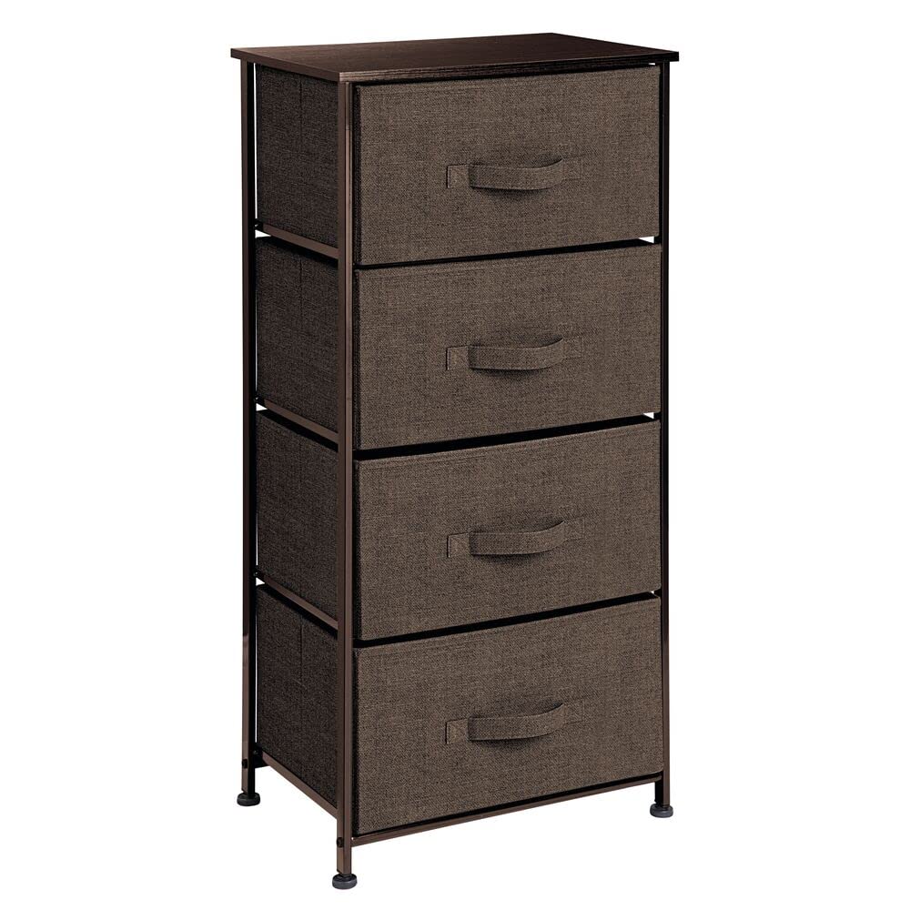 mDesign Tall Dresser Storage Tower Stand - Sturdy Steel Frame, Wood Top, 4 Drawer Easy Pull Fabric Bin - Organizer for Bedroom, Hallway, Entryway, Closet - Textured Print - Espresso Brown