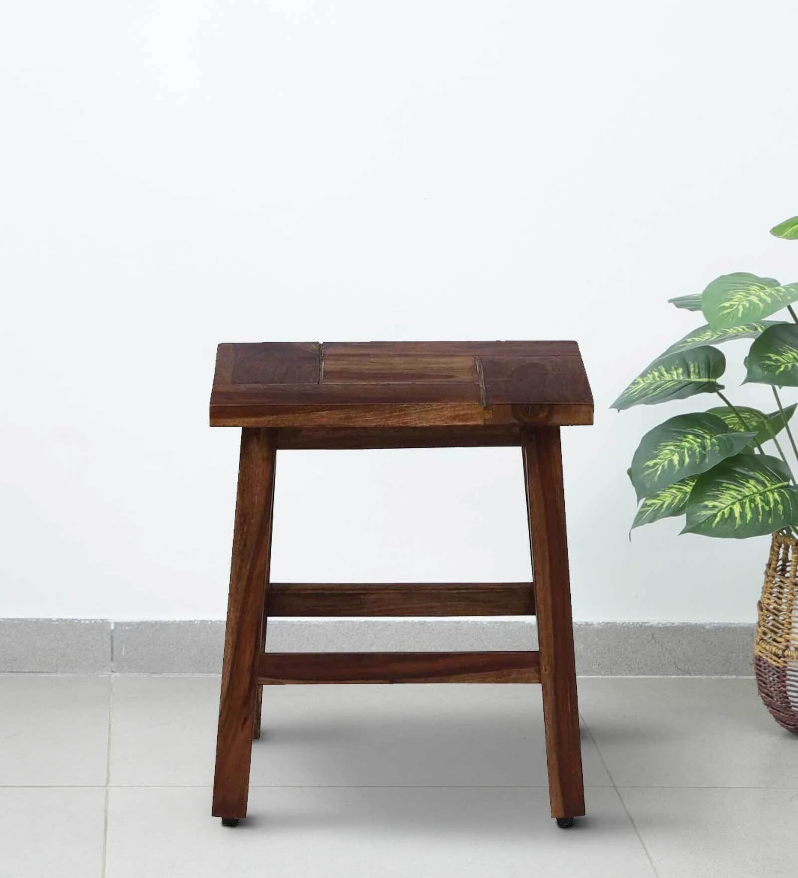 Solid Wood Stool 18 Inch, Handcrafted Square Sitting Stool for Living Room, Bedroom, Home Use, Walnut Finish Wooden Seating Indoor Furniture Item-image-5