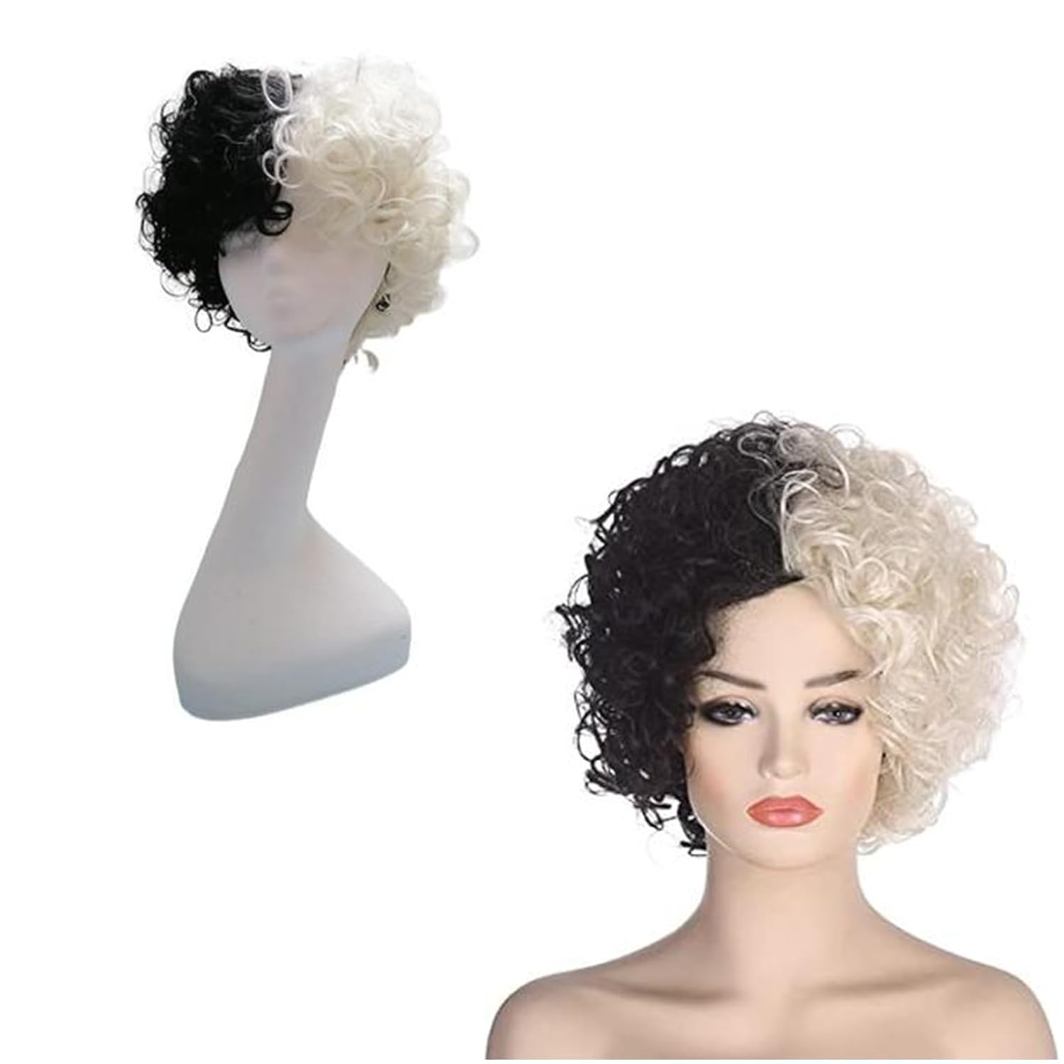 3Pcs Women's Black and White Cosplay Party Dress Hair Curly Wigs, with Red Long Gloves, and Brackets Set Set - Image 2