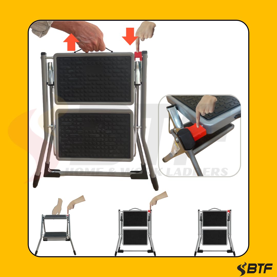 BTF Mini Escalera plegable de 2 Peldaños de 20x30 cm - 20cm de profundo, goma antideslizante y asa de sujetación | Medidas cerrada 49,5x3,6x54,5 cm Certificada GS TüV Rheinland EN14183 Carga de 150 kg