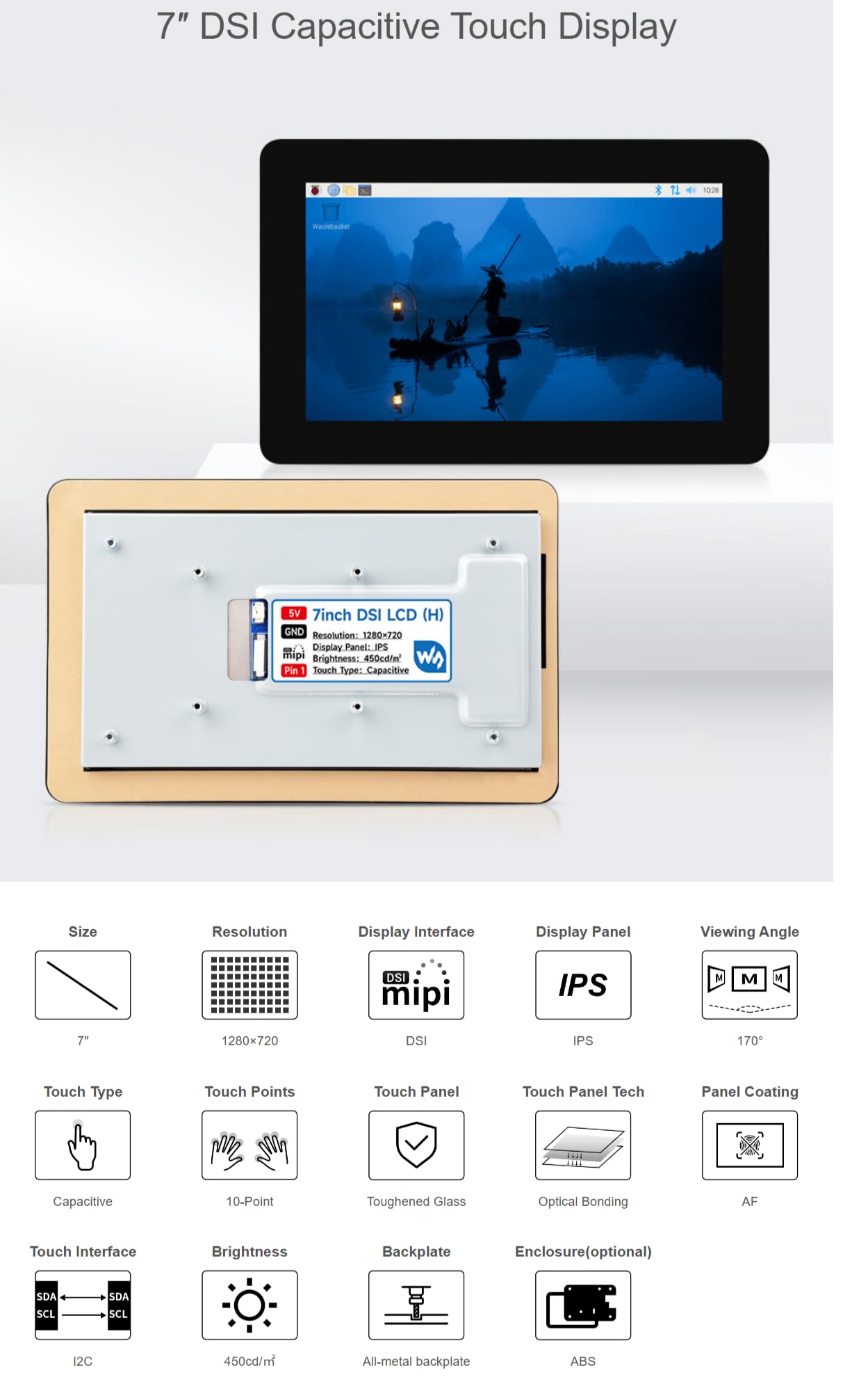 TUOPUONE Pantalla táctil capacitiva DSI de 7 pulgadas, 1280 × 720 píxeles, panel IPS, panel de vidrio endurecido, proceso táctil antihuellas de 10 puntos con funda