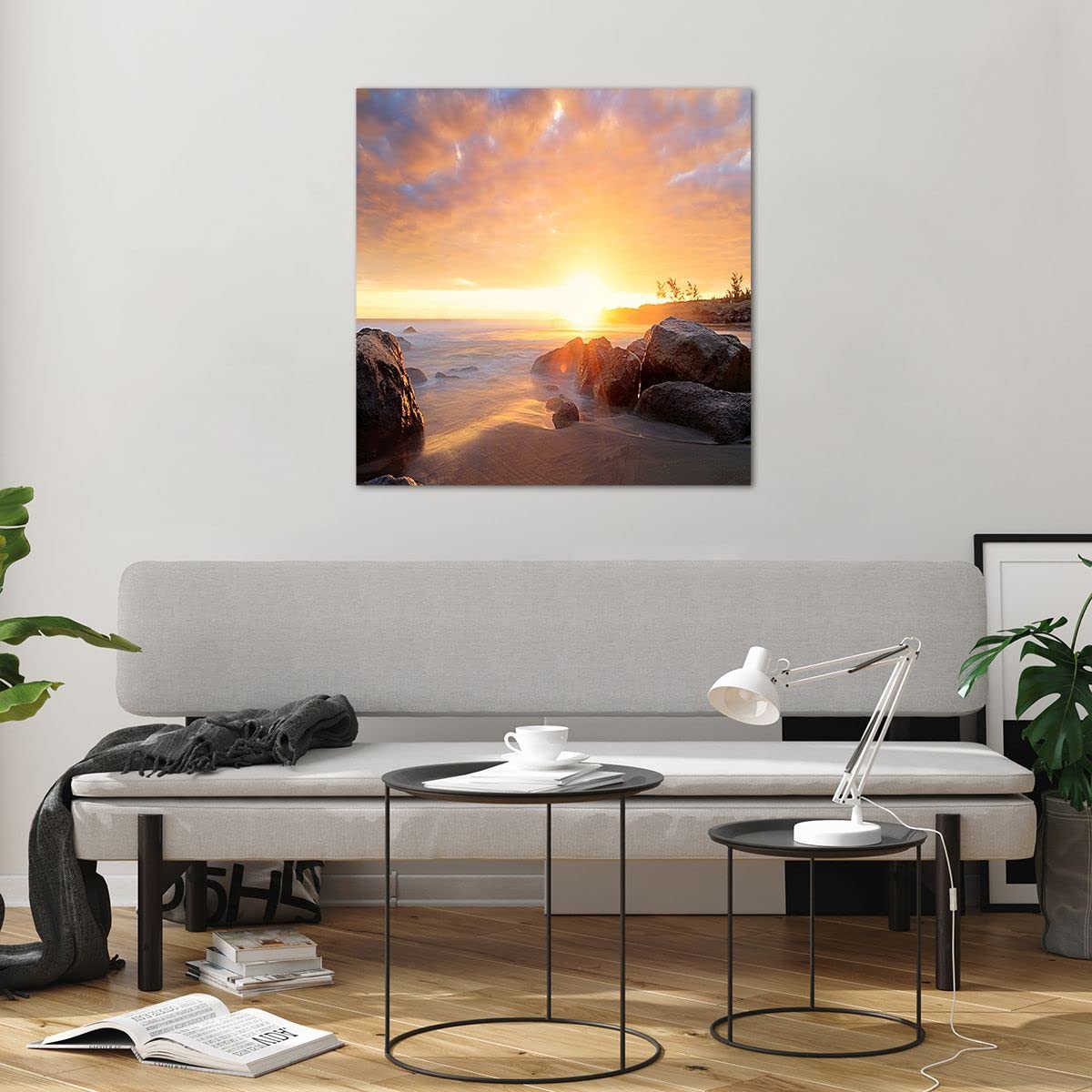 Tableau Moderne Impression Sur Verre 125x70 Cm - Thème Maritime, Roches, Coucher De Soleil