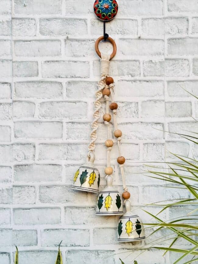 Image of Crafty Co. Handmade Ceramic Macrame Hanging Bells for Home Decor | Bunch of 3 Big Decorative Ceramic Bells with Wooden Beads | Wall Hanging Bells for Entrance, Patio, Balcony & Festive Decor (White)