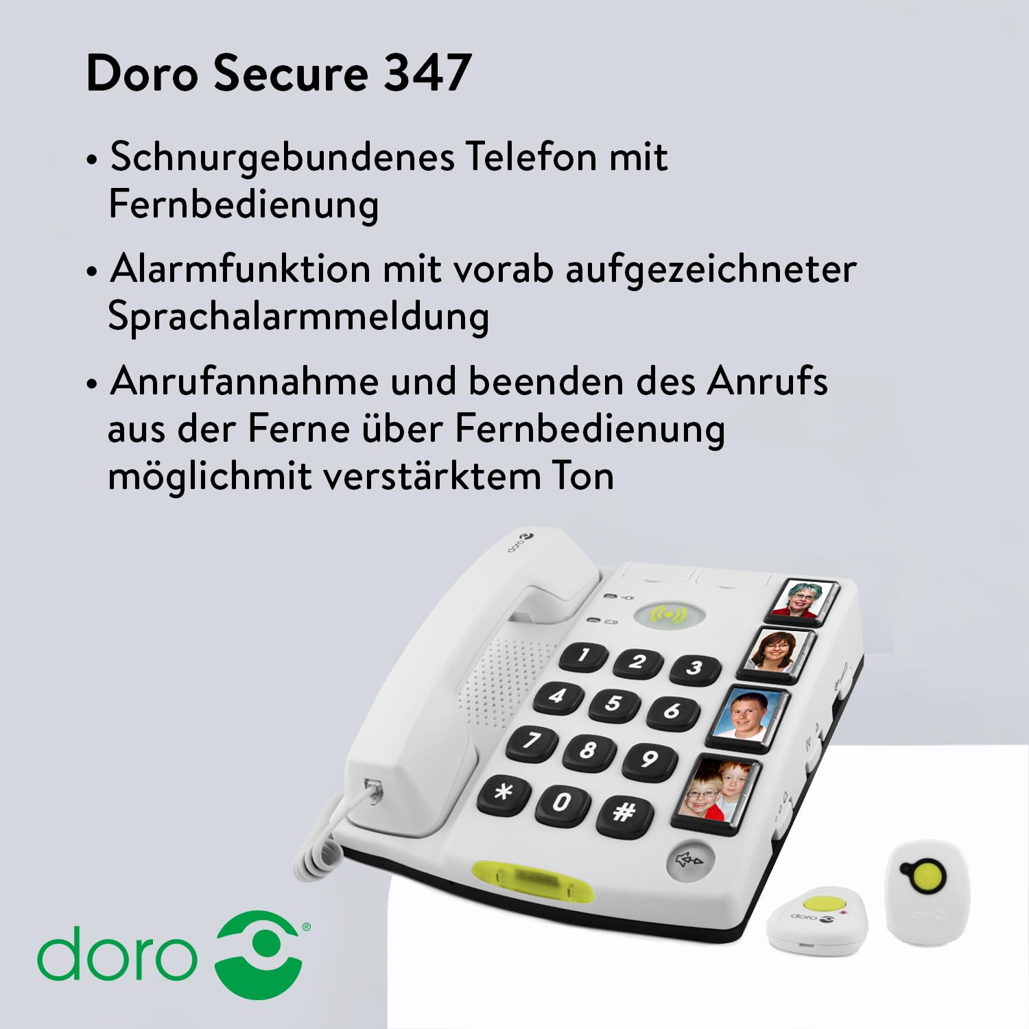 DORO - Doro Secure 347 - Schnurgebundenes Festnetztelefon - Notruffunktionen - Große Tasten - Audioverstärker - 4 Direktspeichertasten mit Foto - Mit 2 Fernbedienungen - Weiß