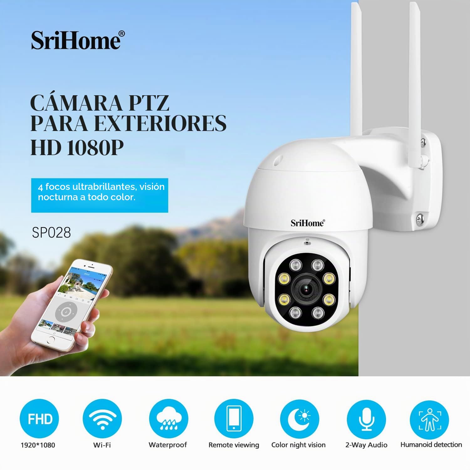 Cámara de vigilancia de Seguridad SriHome, 2MP WiFi PTZ IP Camera, Seguimiento de Movimiento automático,Visión Nocturna,IP66 Resistente al Agua,Audio 2Way