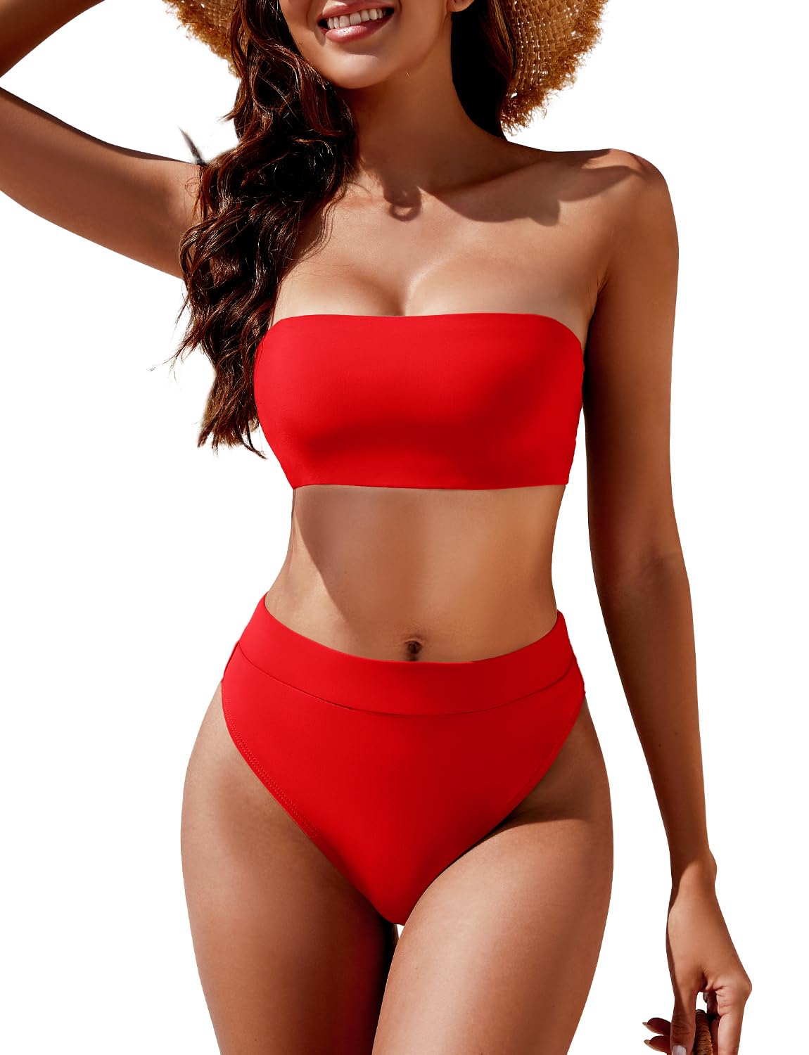 YACUN Women's High Waisted Bandeau Bikini Set — Strapless Two-Piece Cheeky Swimsuit with Tummy Control