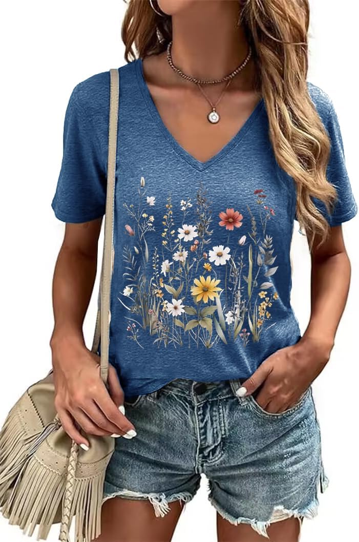 Women's T-Shirt V-Neck Graphic Tees Vintage Boho Flowers Shirt Summer Casual Plant Short Sleeve Tshirt Tops