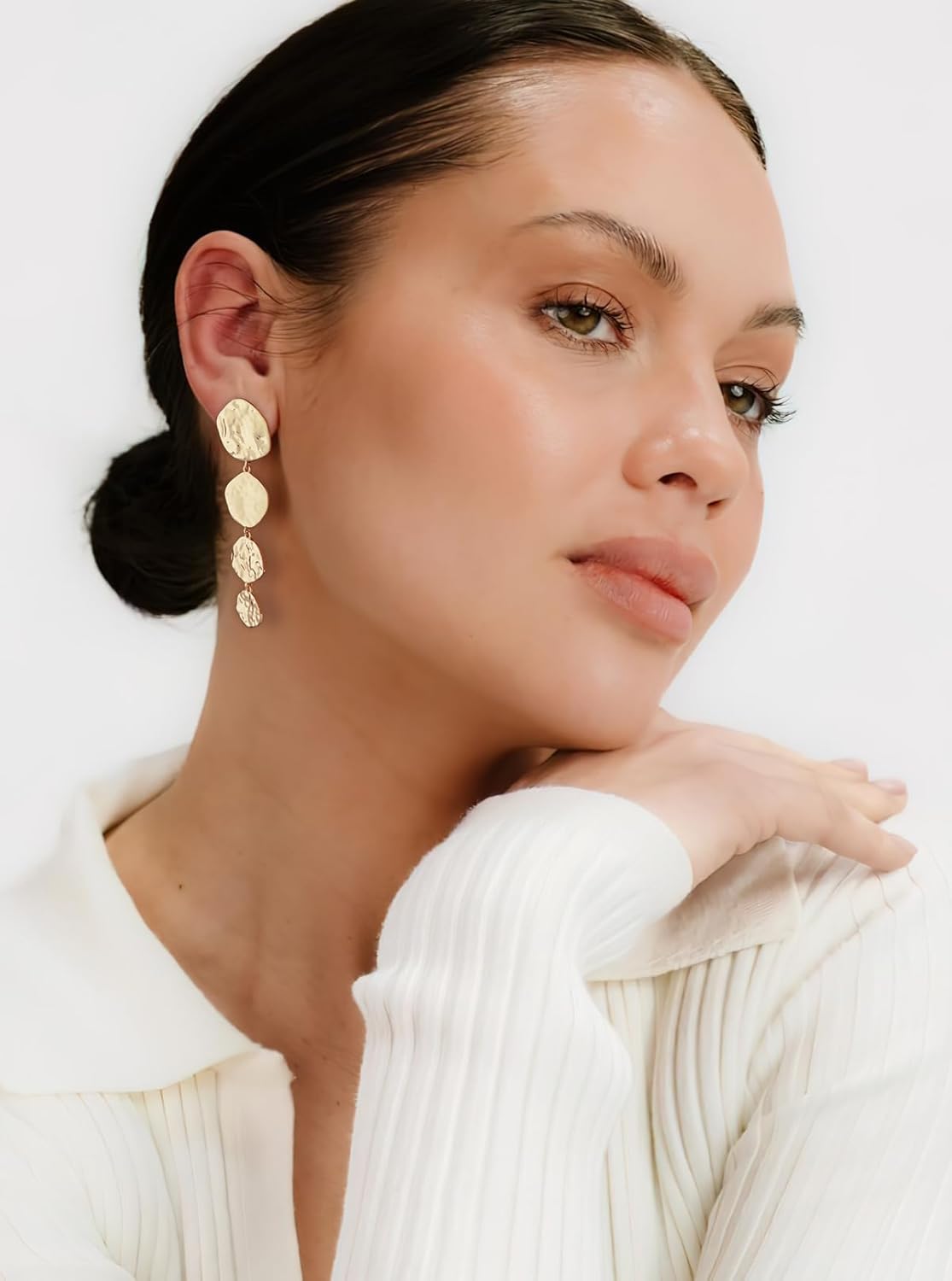 Gold Earrings For Women With Four Hammered Circle Round Gold Leaf Earring Worn Gold Dangle Drop Earrings Statement Earrings Fashion Jewelry - Image 2