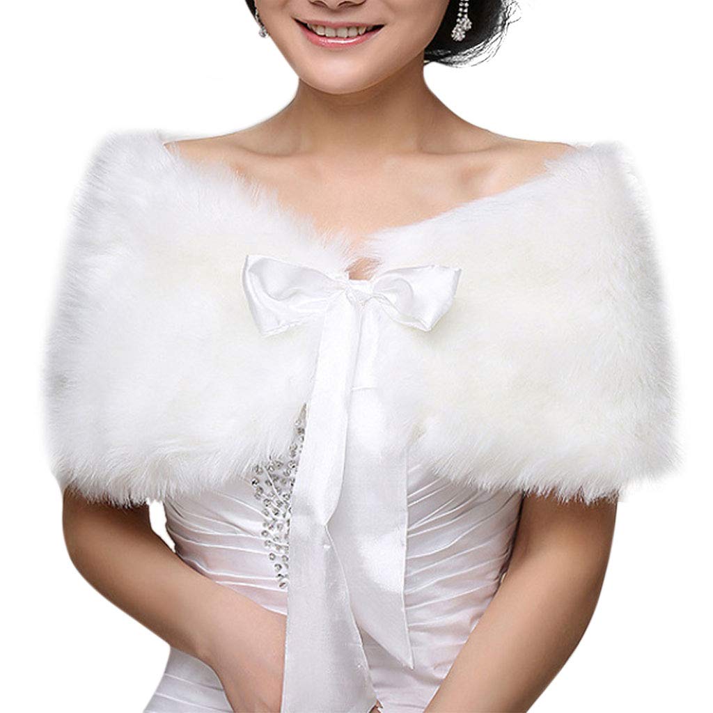 GUMEI Pashmina Chal Mujer Invierno Talla única Cálida Capa de Piel sintética Capa Abrigo de Boda Chal Nupcial Chaqueta Abrigo Cinta de satén Bowknot Encaje Encogimiento de Hombros Color sólido