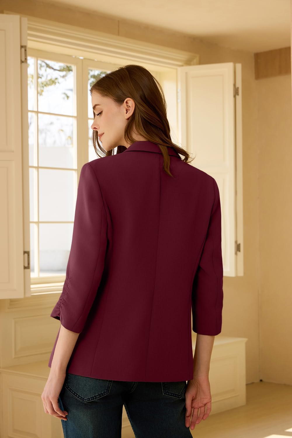 Suit Blazer for Women Open Front Business Work Office Outfit Ruched 3/4 Sleeve Slim Fit Jacket - Image 2