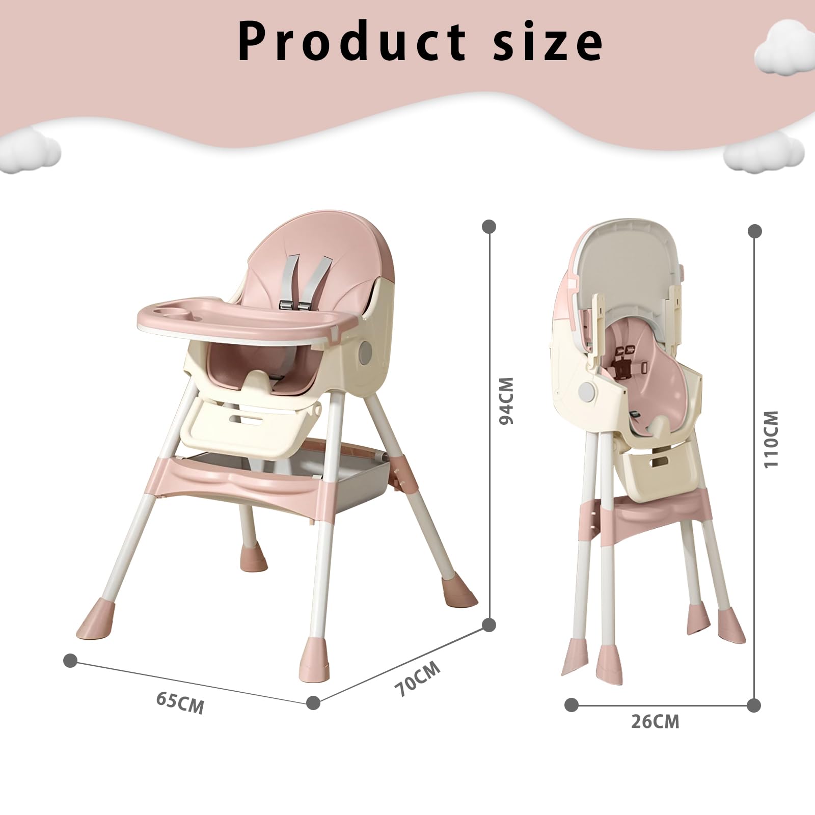 UBRAVOO Trona Evolutiva Bebe Silla de Comedor Plegable 3 en 1 Doble Bandeja de Comida Arnés de Seguridad de 5 Puntos Adecuado Para Niños De 6 a 36 Meses Capacidad de Peso 40KG (Rosa)
