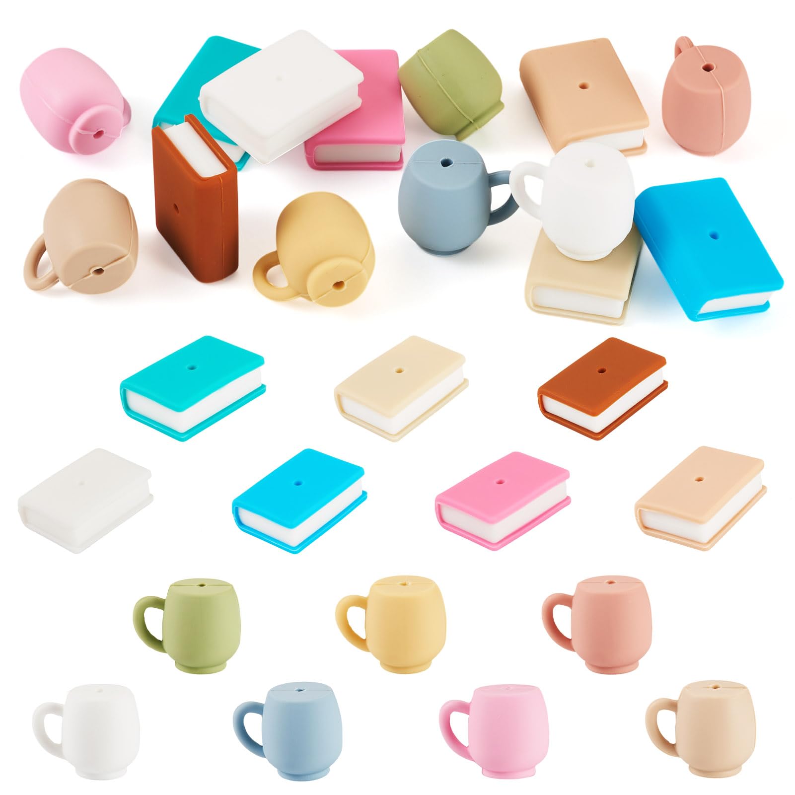 Spritewelry 14 Pcs 3D Book Silicone Focal Beads for Pens Coffee Cup Silicone Beads Rubber Loose Spacer Bead for Keychain Making Necklace Bracelet Lanyard Making