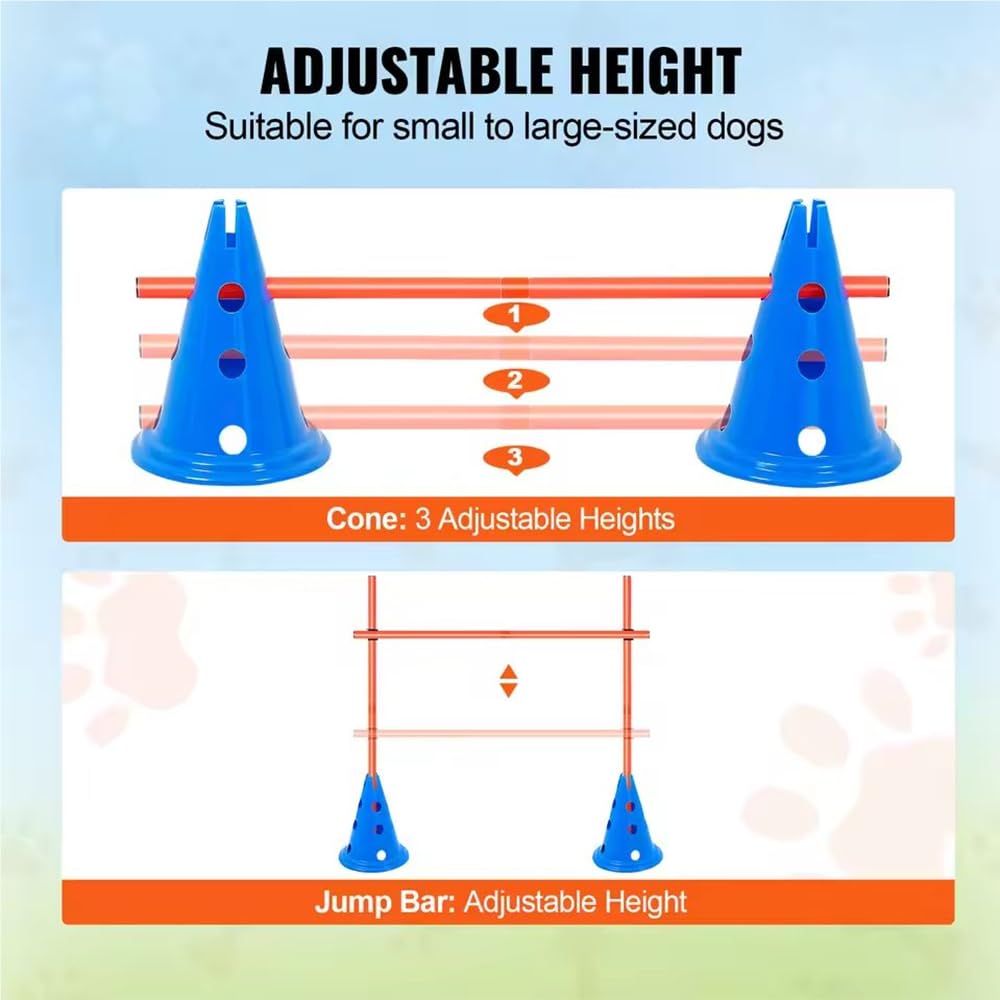 Agility Perros,Equipo De Entrenamiento De Agilidad, Equipado Con Túnel Para Perros, Vallas, 8 Postes De Slalom,2 Juguetes De Pelota De Tenis, Caja De Descanso, Postes De Marcación, 3 Barras Cortas
