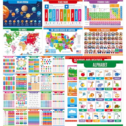 Image of 28 Educational Posters for Kids, All-in-One Set Learning Posters-Periodic Table, Mathematics, USA & World Map, Human Body, PET Film Coated Educational Posters For Classroom Decor, School Supplies