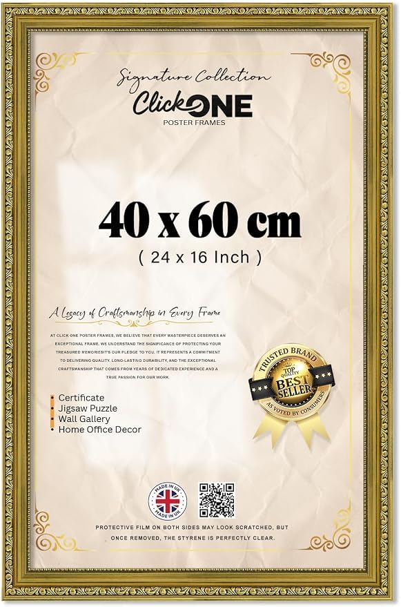 Click One Decorative Shabby Chic Poster Frame (40 X 60 CM)| Protective Perspex | Portrait & Landscape Wall Display | Vintage Style 24 X 16 Inch - GOLD