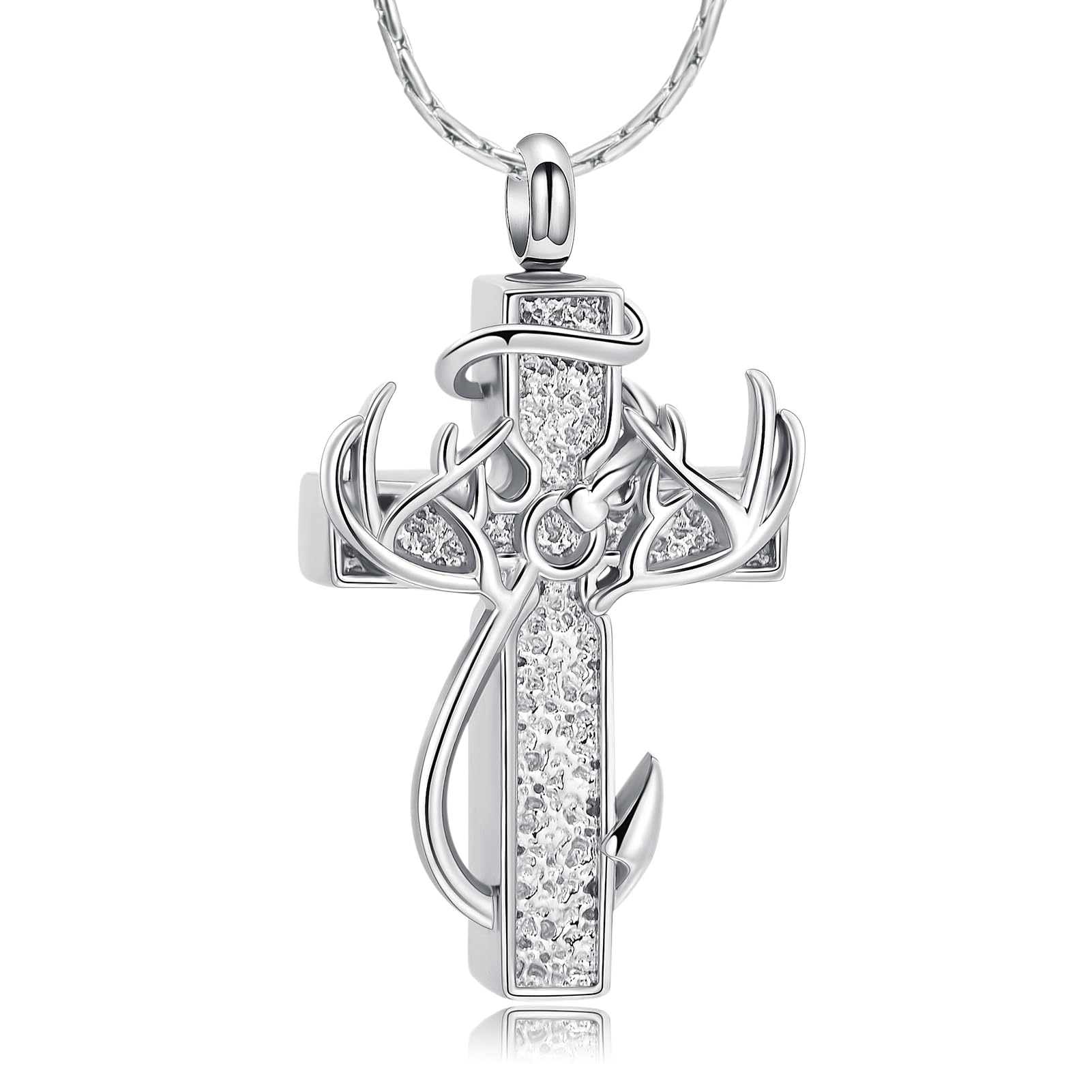 constantlife Cross Urn Necklace for Ashes for Women Men Fish Hook Memorial Pendant Deer Antler Cremation Jewelry Human Pet Ashes Holder Keepsake