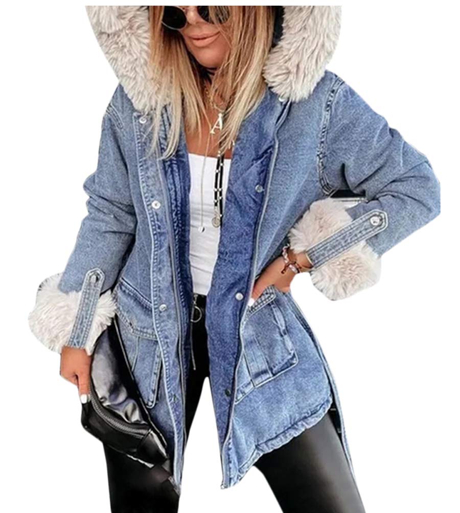 Minetom Chaqueta Vaquera para Mujer Invierno Cuello De Piel Abrigo Chaquetas De Mezclilla Tallas Grandes Suelto Casual Peludo Caliente Moda Outwear Capa Espesar Abrigo