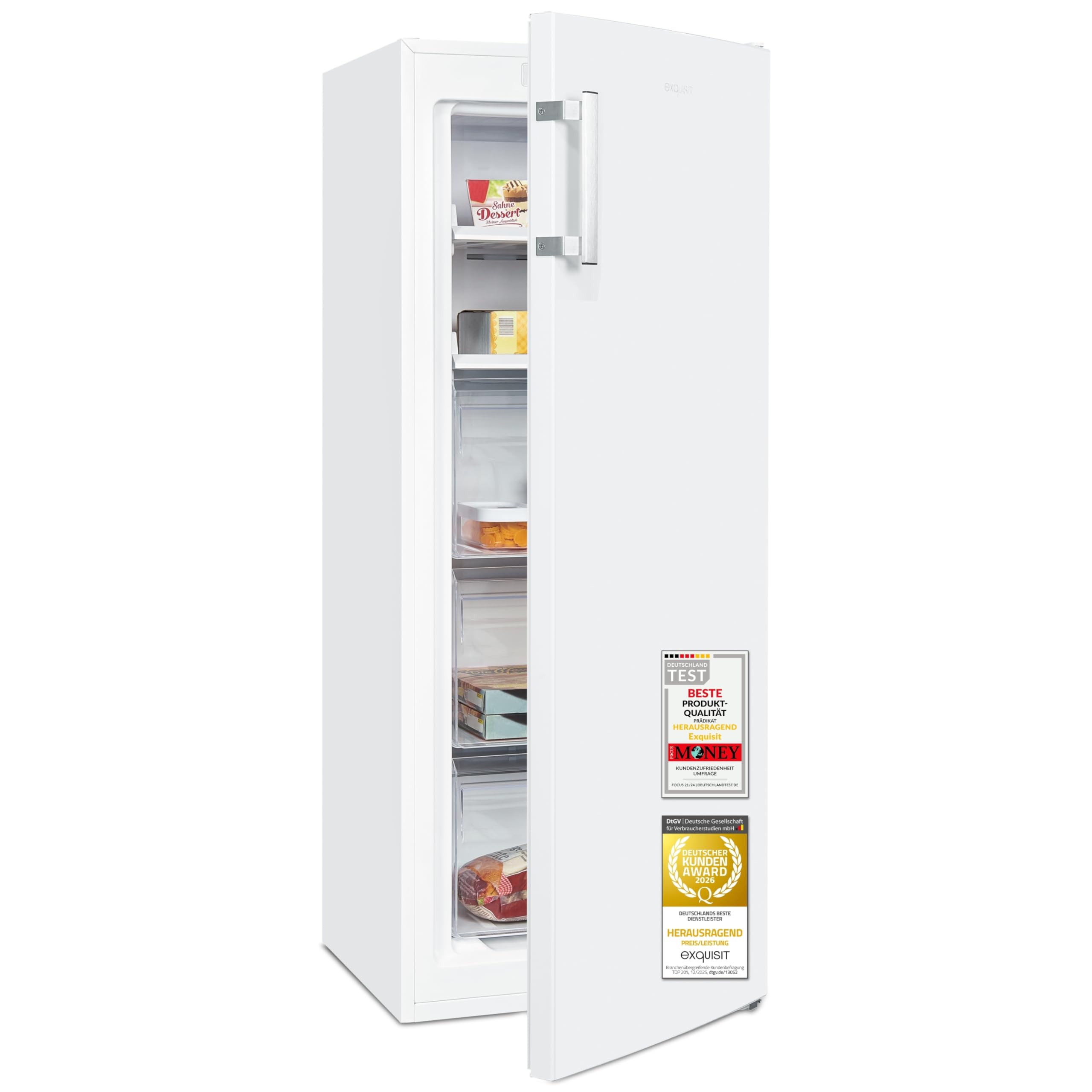 Exquisit Gefrierschrank | 161 l Nutzinhalt, Energieeffizienzklasse D, 39 dB(A) | NoFrost-Gefrieren, Schnellgefrieren, elektronische Temperaturregelung, Türalarm, hohe Bauform | GS5231-NF-H-040D weiss