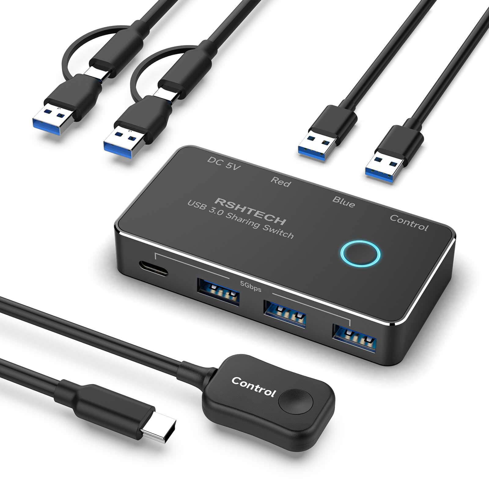 RSHTECH USB C Switch 2 Pc mit Desktop Kontroller - USB 3.0 Kvm Umschalter 2 Pc - Eine Tastatur für 2pcs Gleichzeitig - 2 In 4 Out - Aluminium - Kompatibel mit Windows, Mac, und Linux