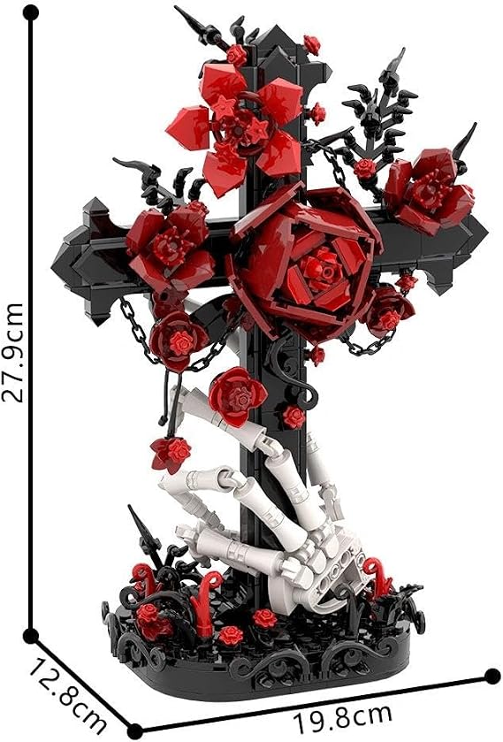 FULHOLPE Gothic Cross & Rose & Skeleton Hand Building Blocks Set, MOC Custom Creativity Model Kit, Gothic Home Decor Gifts for Anniversaries, Valentine's Day, Halloween - 636+ Pieces