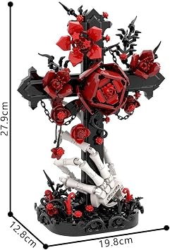 FULHOLPE Gothic Cross & Rose & Skeleton Hand Building Blocks Set, MOC Custom Creativity Model Kit, Gothic Home Decor Gifts for Anniversaries, Valentine's Day, Halloween - 636+ Pieces