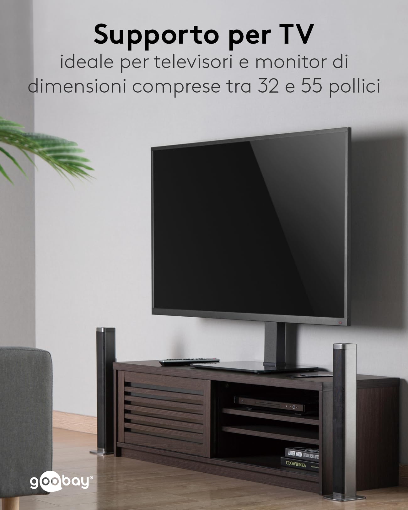 goobay Supporto TV da Pavimento 32-55 Pollici Girevole 35 Gradi Regolabile in Altezza Compatibile VESA Fino a 40 kg Base in Vetro - 58524