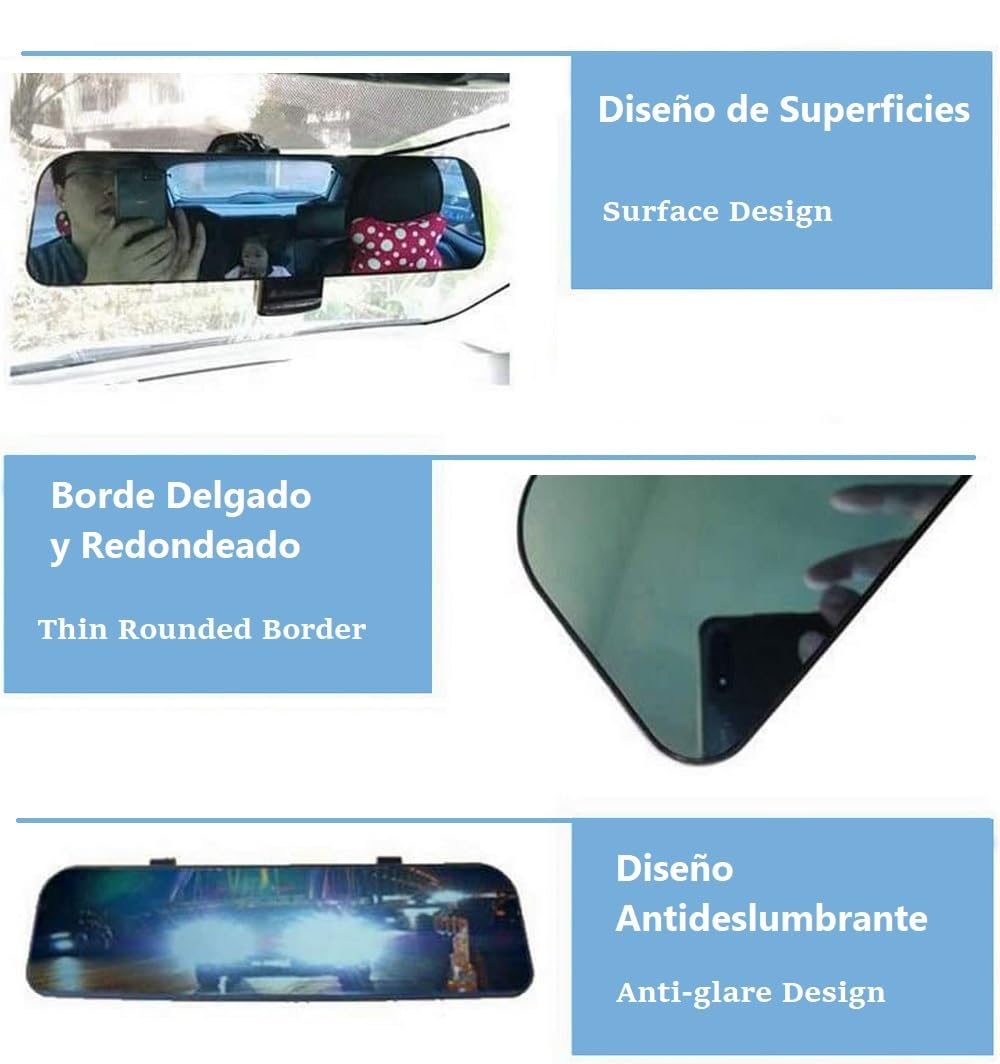 Espejo Retrovisor Antideslumbrante con Correa en el Interior del Vehículo de 30 * 8 cm, Espejo Retrovisor Panorámico Gran Angular para Automóvil, SUV y Camionetas