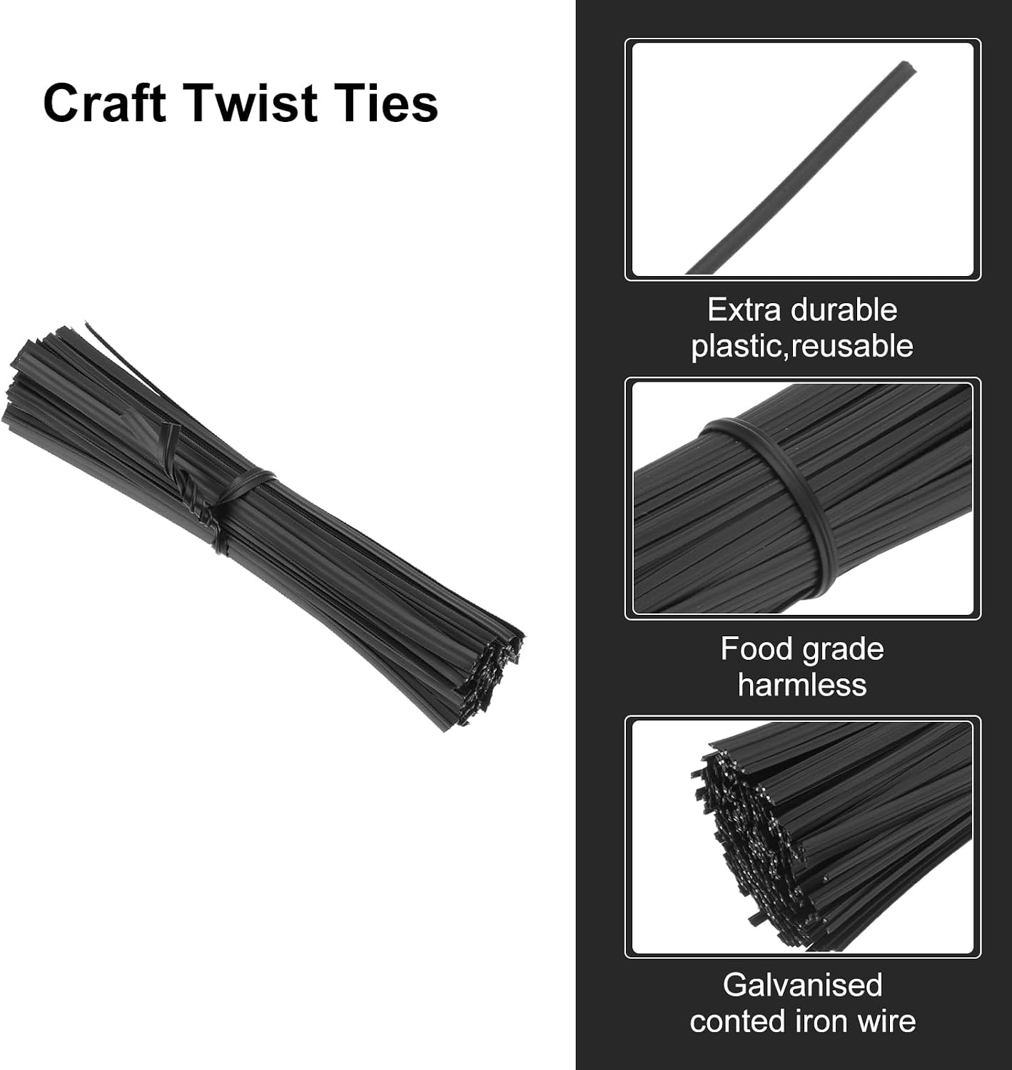 MECCANIXITY 100Pcs Twist Ties 4.7" Bread Ties Metallic Plastic Closure Tie for Plastic Bag, Tying Bread, Candy, Cookies, Gift Bags Black