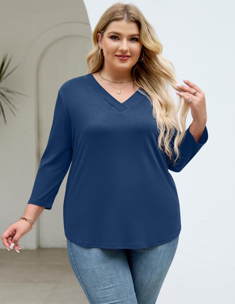 Plus Size Tops for Womens 3/4 Sleeve V Neck Casual T Shirts Loose Fit Tunic Blouse - Image 3