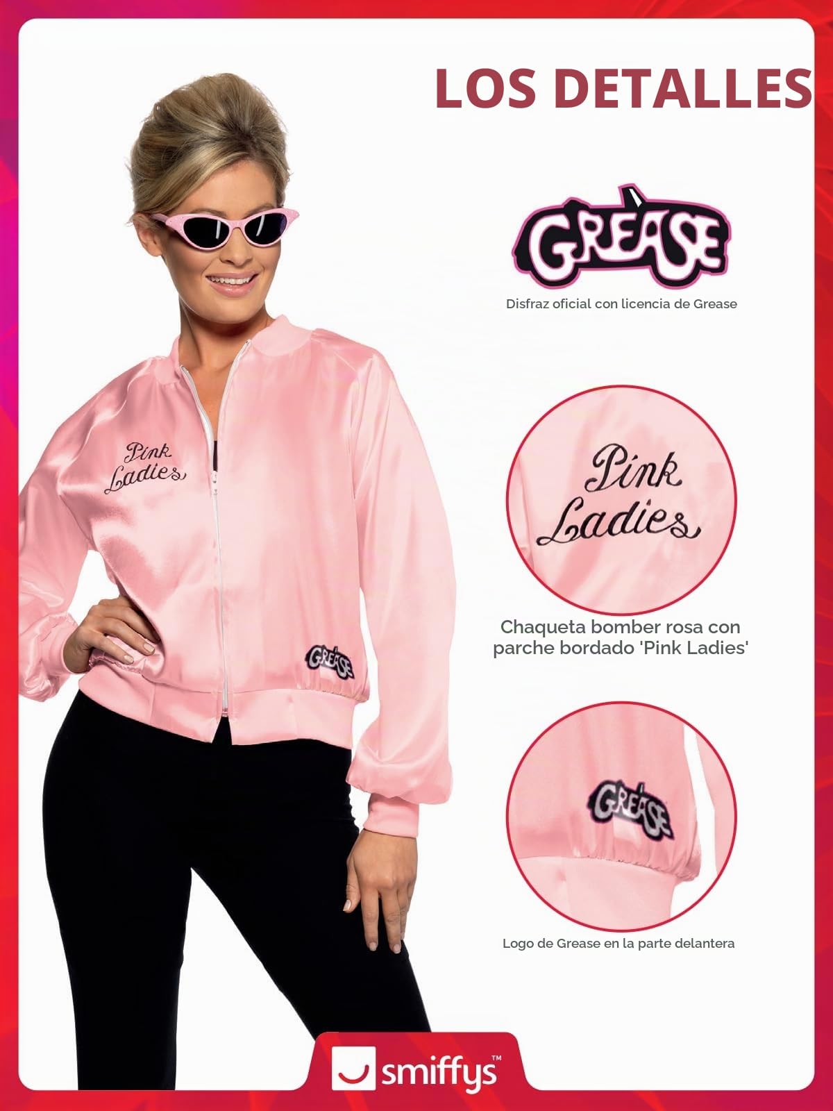 Smiffy'S 28385Xs Cazadora De Las Pink Ladies De Grease Con Logotipo Bordado, Rosado, Xs - Eu Tamaño 32-34