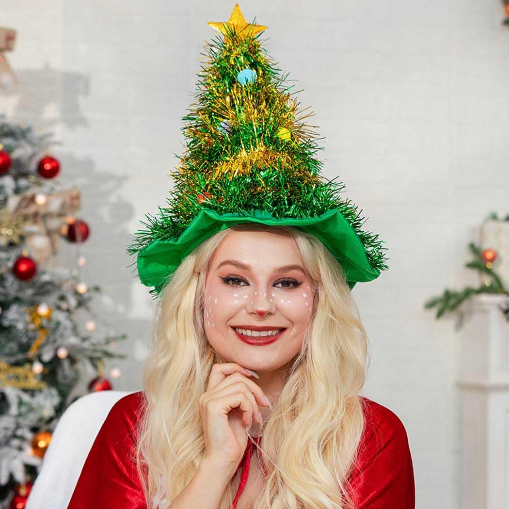 Christmas Tree Hat Star Xmas Hats Santa Hat With Tinsel Colorful Ball Xmas Holiday Party Costume Hair Accessories for Women - Image 5