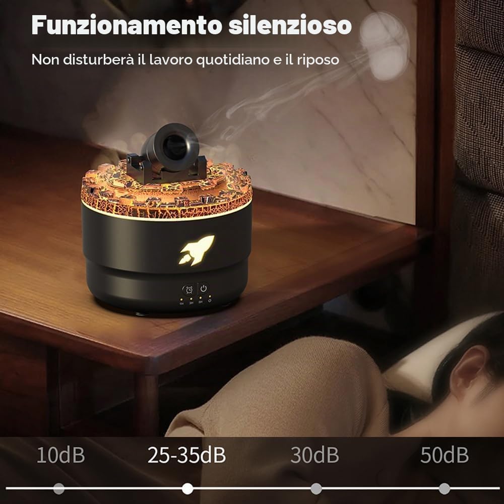 Umidificatore, Diffusore Cannone da Aromi con Nebbia di Vulcano Simulato, Umidificatori Ambiente Cannone Silenzioso con 7 Luci Colorate per Casa Ufficio Viaggio