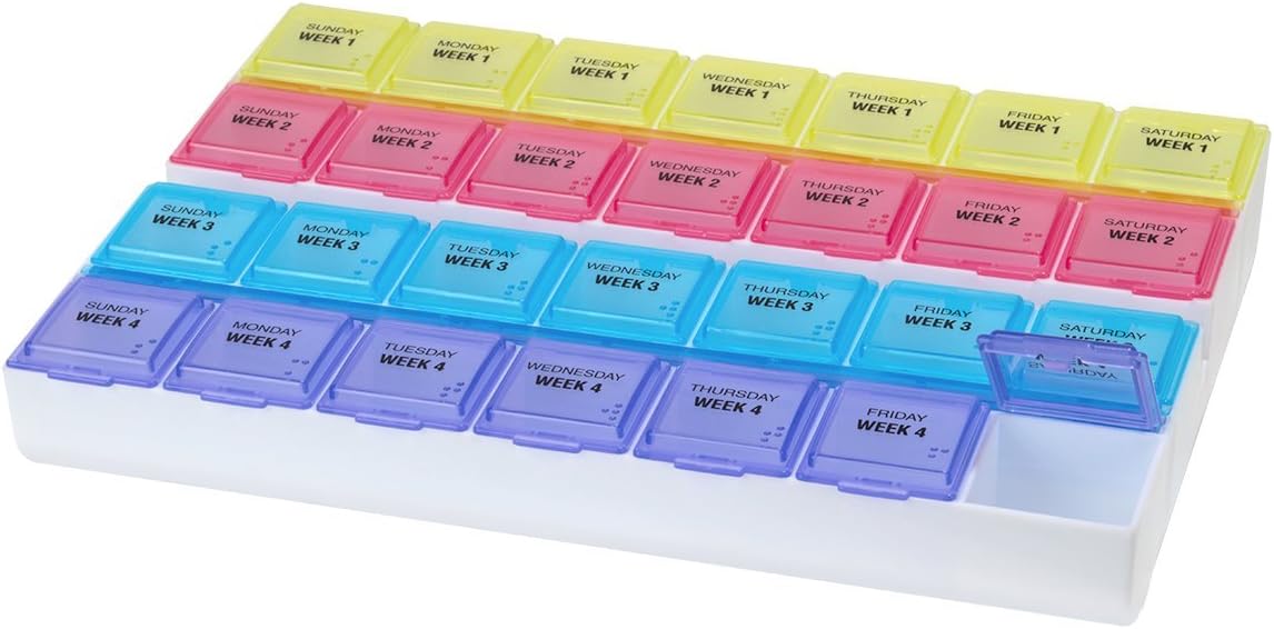 EZY DOSE Medtime (28-Day) Pill, Medicine, Vitamin Organizer Box, Monthly, Daily Planner, Large Compartments, Colored Lids, Various, 3 Pack, 1.64 Fl Oz