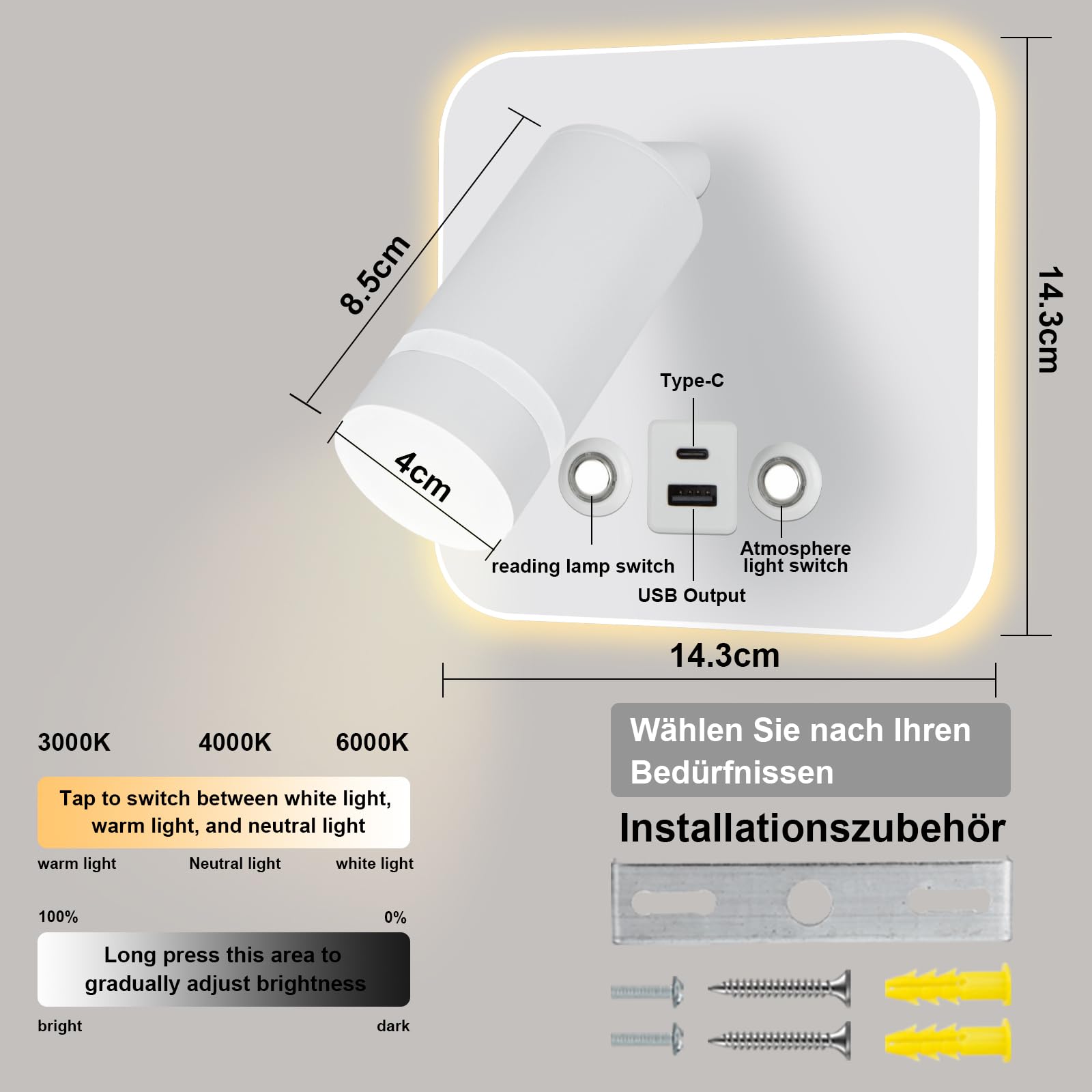 HUIZHOU Lampe de Lecture Murale LED Tactile, Carré Blanc | 3 Températures de Couleur, 12W, Port de Charge USB, Pivotant 350°