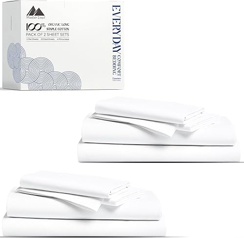 Mayfair Linen Juego de sábanas de percal 100% de algodón orgánico tamaño Twin XL Pack de 2 - Sábanas suaves y crujientes de algodón orgánico tamaño