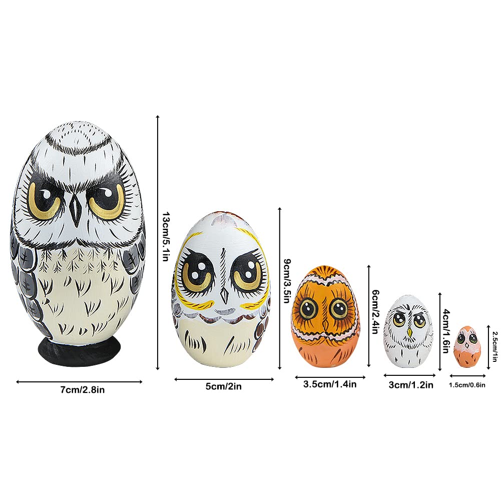 Lot de 5 poupées gigognes Russes en Bois sur Le thème des Animaux de Hibou, poupée matriochka Faite à la Main en Forme d'œuf poupée empilable en Bois pour Anniversaire d'enfant, Noël, Nouvel an
