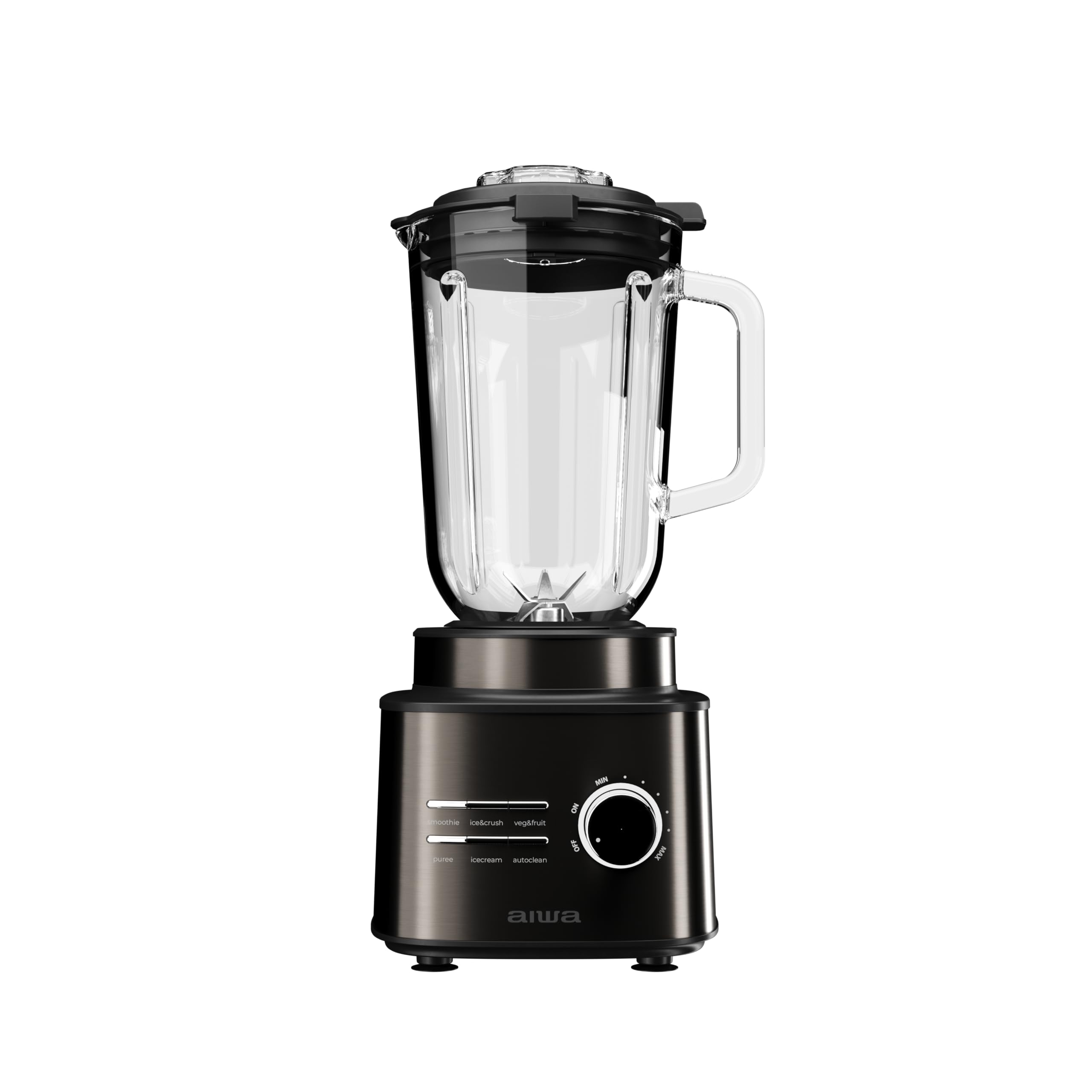 Aiwa Saberu 2500 ATB‑2500 Frullatore a Bicchiere 2500 W, Caraffa in Vetro 1,​5 L, 6 programmi, Controllo della Velocità, Auto‑clean, 6 Lame Satoku®. Colore: acciaio inox