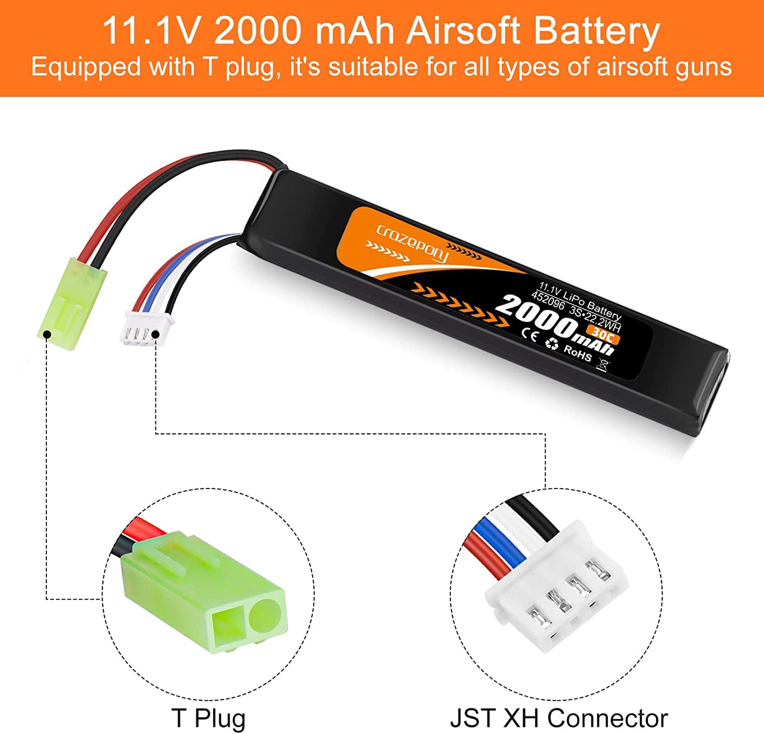 Batteries Airsoft 11.1V 30C 2800mAh Batterie lipo doyens Airsoft Prise en T avec Chargeur USB Prise en T vers Mini câble Tamiya Batteries Rechargeables pour Accessoires de modèle de Pistolet Airsoft