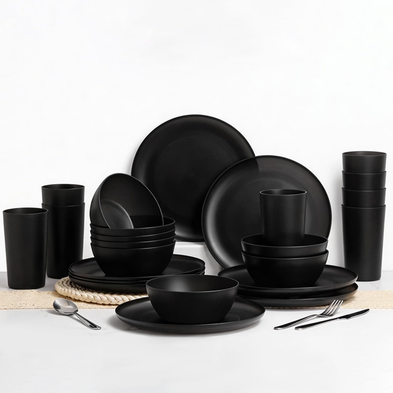 24 Pieces Dinnerware Set, Unbreakable Plastic Plates Bowls Cups Set, Reusable Tableware for Camping, Picnic, Home, Kitchen, Dishwasher Safe,BPA Free (Black)
