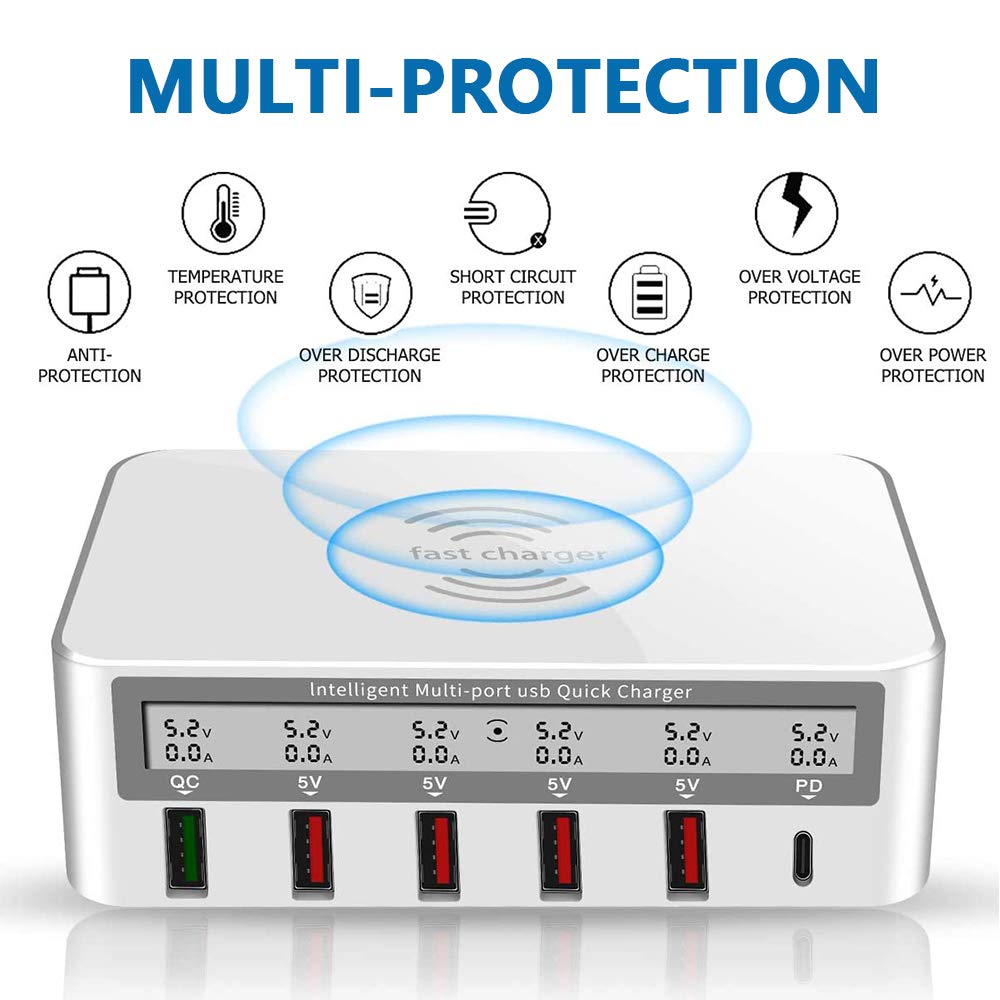 Caricatore Wireless Stazione Ricarica USB Multipla 100W 6 Porte Base di Ricarica LCD Schermo USB Docking Station con Una QC 3.0 e Un 18W PD Caricatore USB per iPhone IPad Samsung Huawei,Nero