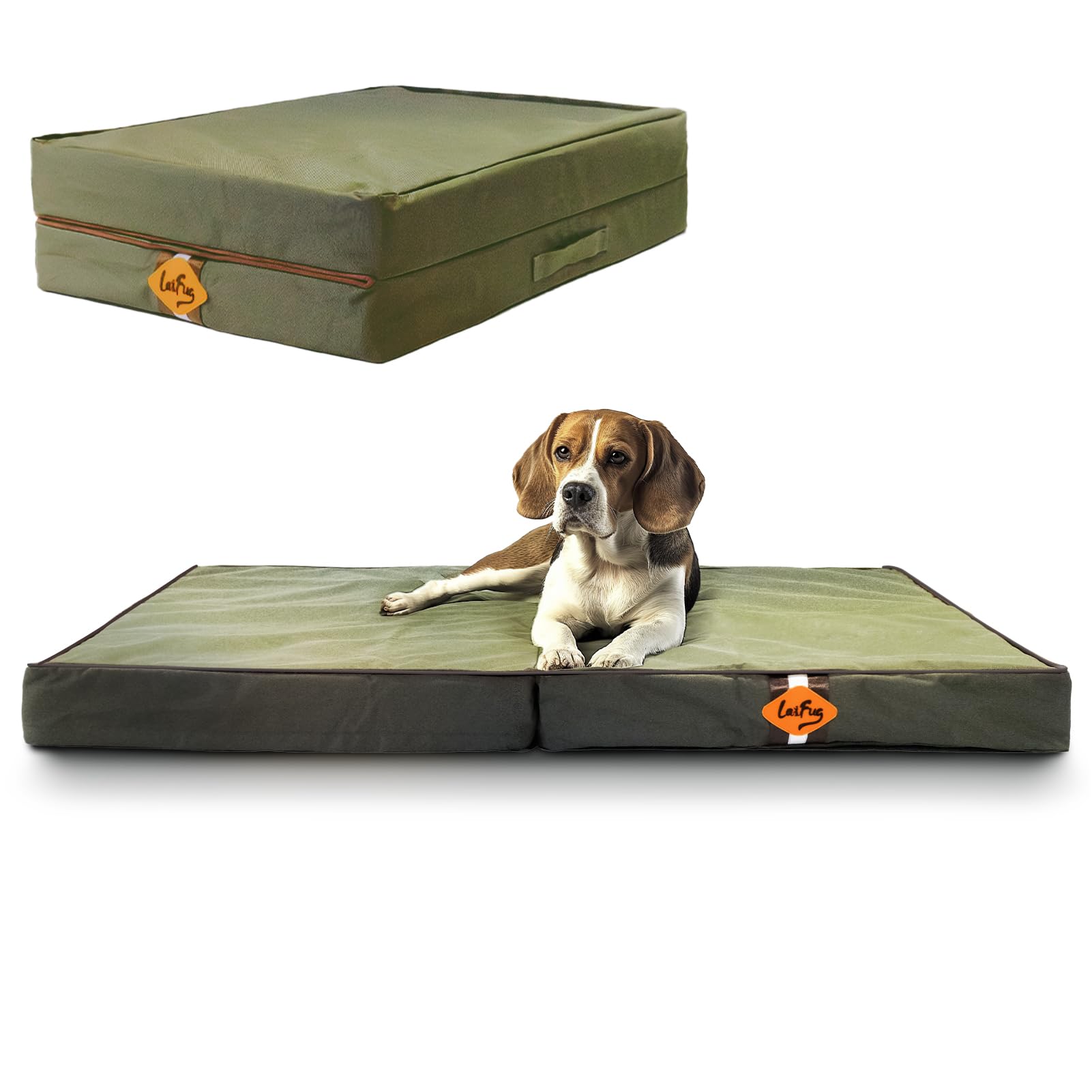 LaiFug Foldable Waterproof Dog Bed for Large Dogs - Outdoor Orthopedic Dog Bed with Washable Removable Cover, Pet Mattress with Handles, Army Green, (36 x 27 x 3.5, inches)