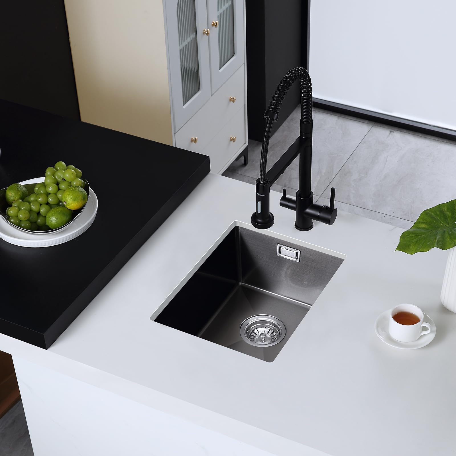 Fregadero de cocina 304 de acero inoxidable 35x40 cm, fregadero bajo encimera pequeño, fregadero de acero inoxidable negro gris con desbordamiento (sin orificio de grifo), fregadero de cocina